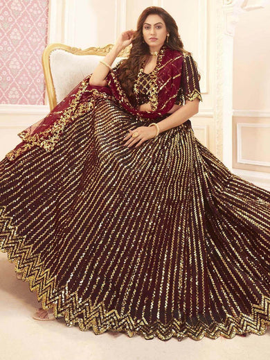 Beautiful Maroon Sequins Silk Wedding Lehenga Choli With Dupatta - Ethnic Plus In